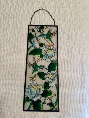 Green Hummingbird Floral Stained-Glass Wall Art Panel